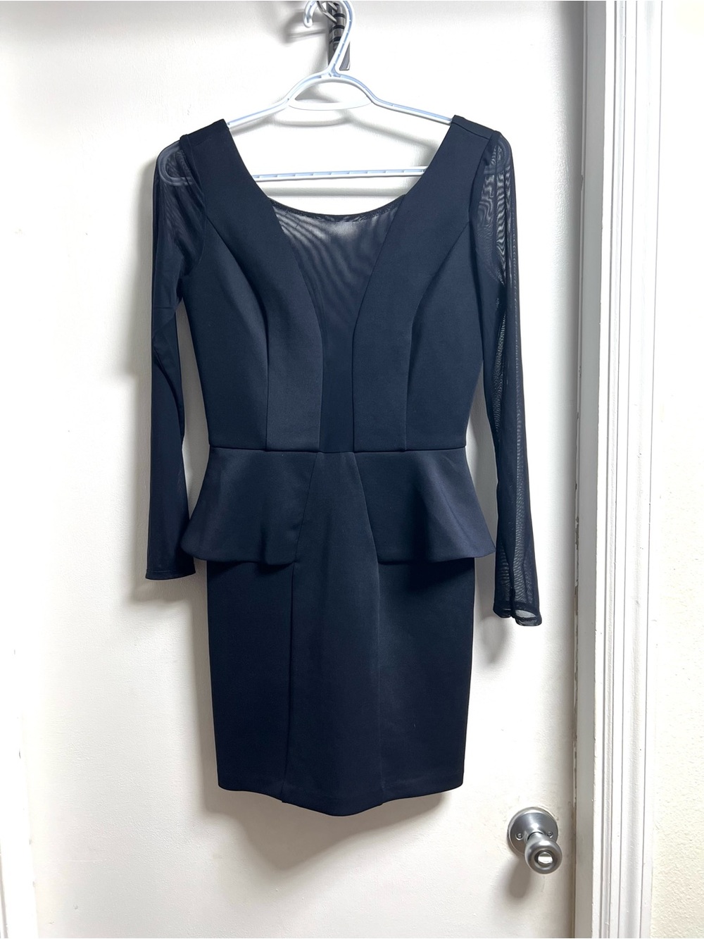 Arden B. Classic Navy Blue Peplum Dress with Mesh Sleeves